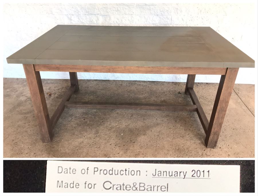Crate & Barrel Metal Wrapped Top Wooden Industrial Dining Table