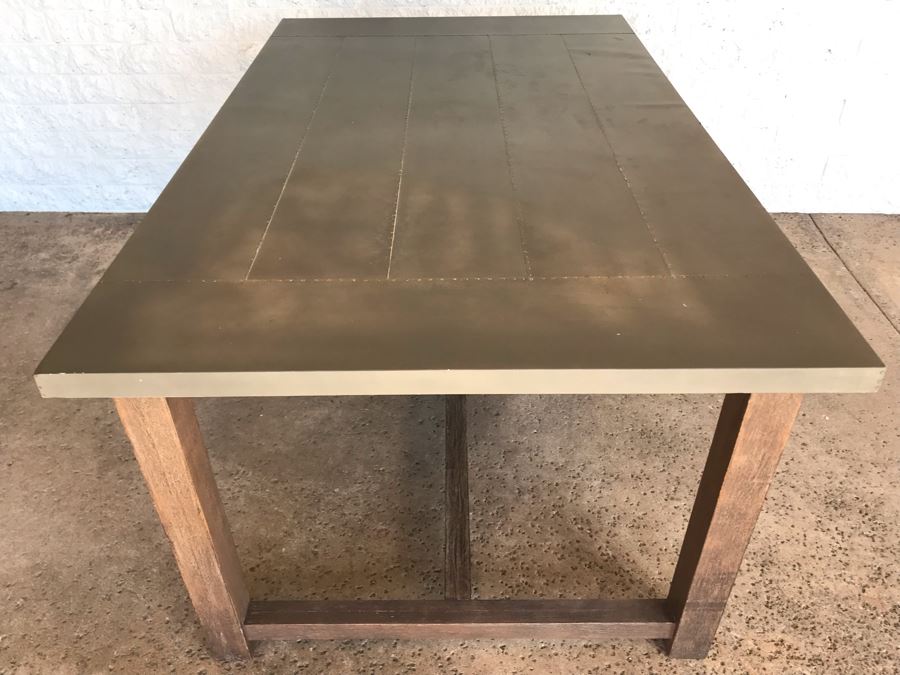 Crate & Barrel Metal Wrapped Top Wooden Industrial Dining Table [Photo 4]