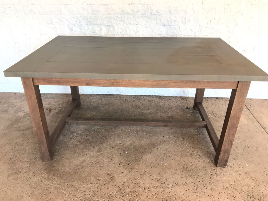 Crate & Barrel Metal Wrapped Top Wooden Industrial Dining Table [Photo 10]