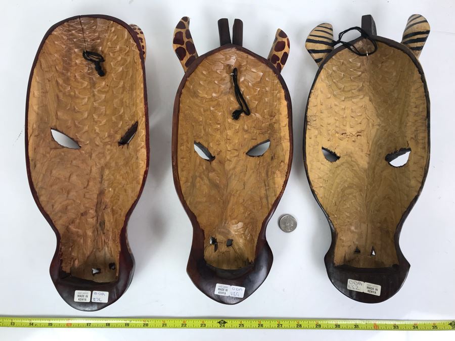 (3) Hand Carved African Animal Wall Hangings Masks Made In Kenya 6W X 15L [Photo 5]