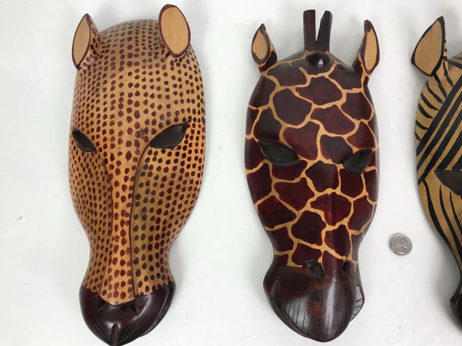 (3) Hand Carved African Animal Wall Hangings Masks Made In Kenya 6W X 15L [Photo 3]