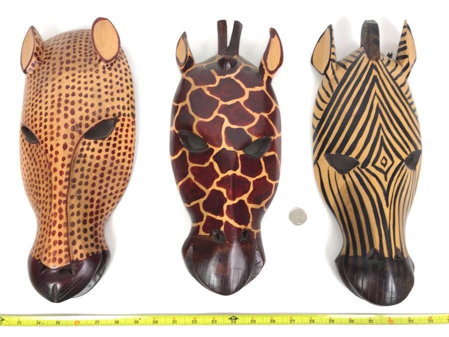 (3) Hand Carved African Animal Wall Hangings Masks Made In Kenya 6W X 15L [Photo 1]