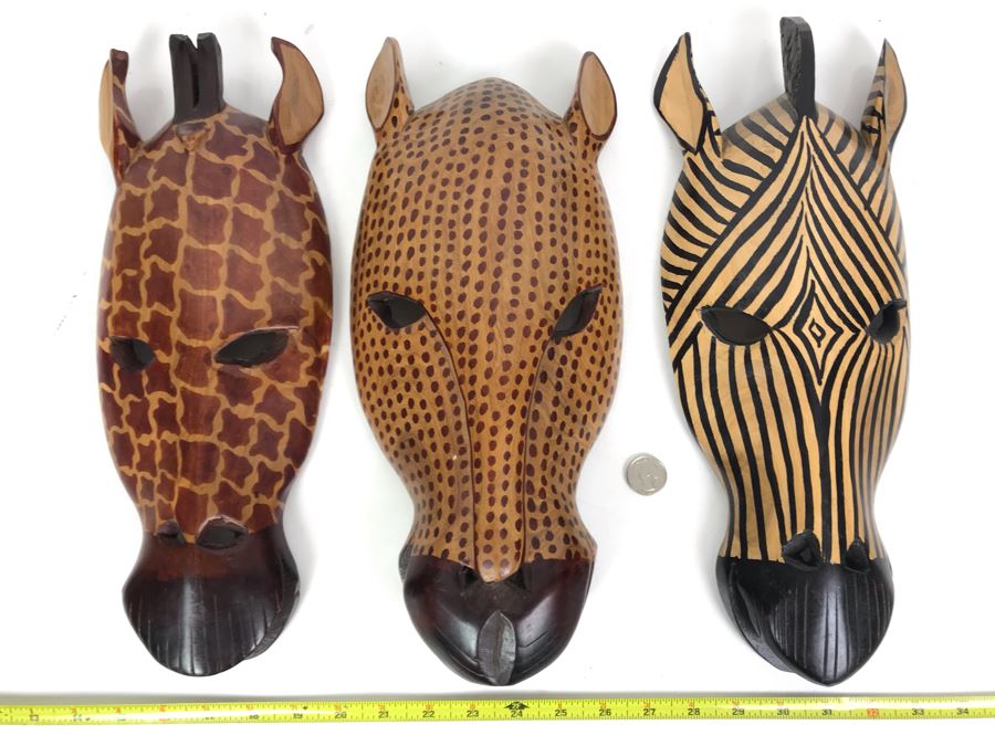 (3) Hand Carved African Animal Wall Hangings Masks Made In Kenya 6W X 15L [Photo 1]