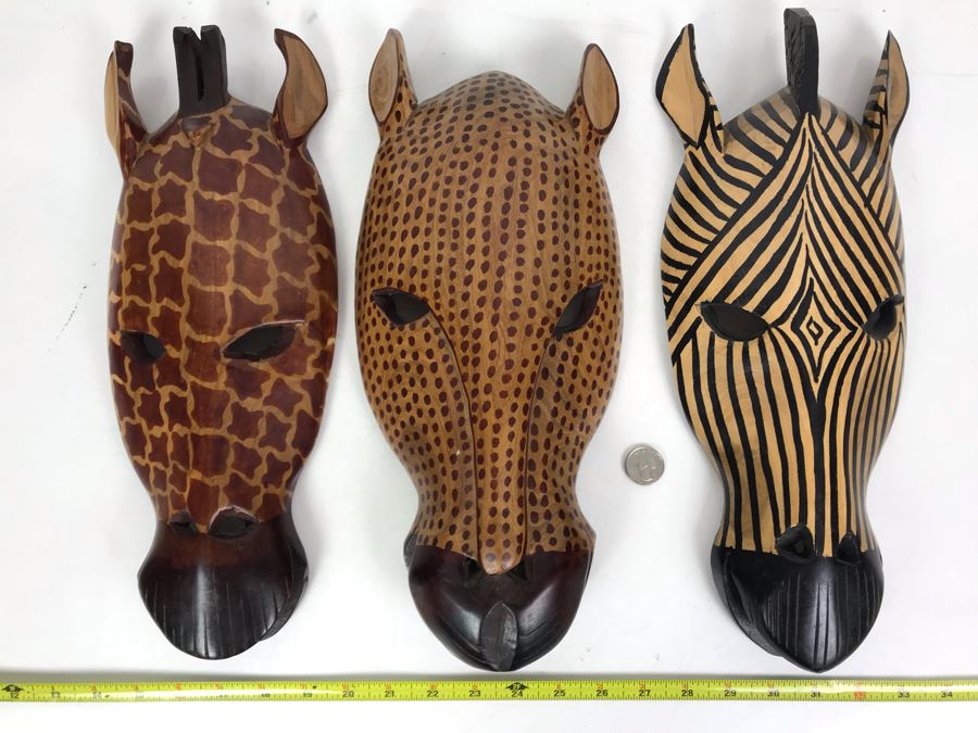 (3) Hand Carved African Animal Wall Hangings Masks Made In Kenya 6W X 15L [Photo 2]