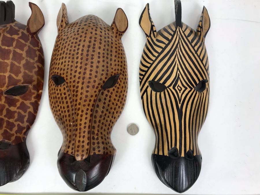 (3) Hand Carved African Animal Wall Hangings Masks Made In Kenya 6W X 15L [Photo 4]