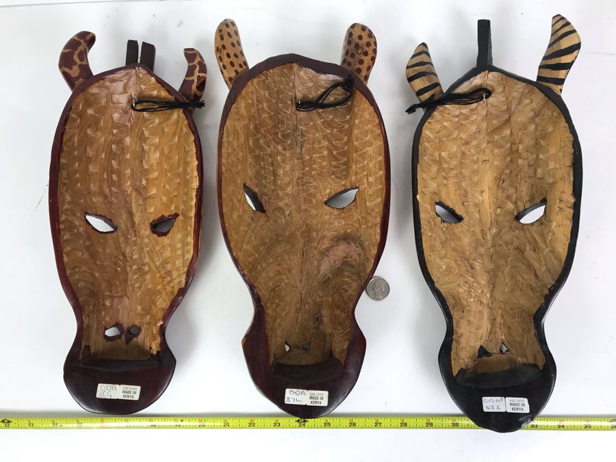 (3) Hand Carved African Animal Wall Hangings Masks Made In Kenya 6W X 15L [Photo 5]