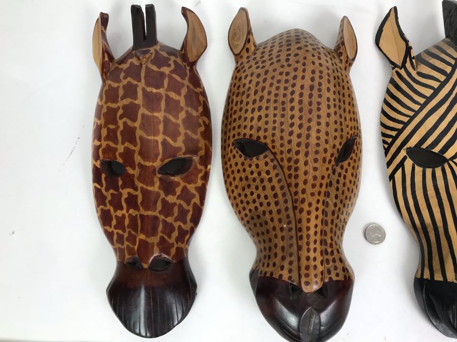 (3) Hand Carved African Animal Wall Hangings Masks Made In Kenya 6W X 15L [Photo 3]