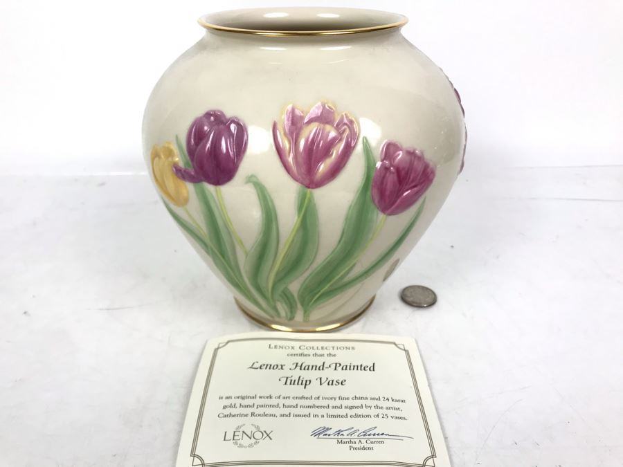 Limited Edition Signed Lenox Hand-Painted Tulip Vase With Certificate 24K Gold Painted Rim And Base By Catherine Rouleau 3 Of 25 7.25H [Photo 1]