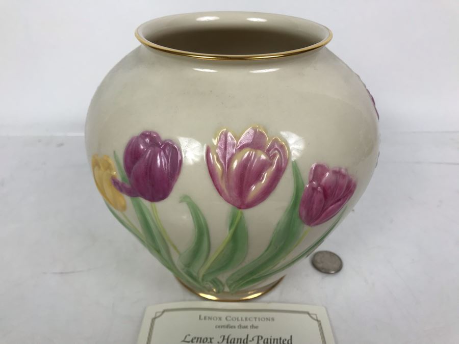 Limited Edition Signed Lenox Hand-Painted Tulip Vase With Certificate 24K Gold Painted Rim And Base By Catherine Rouleau 3 Of 25 7.25H [Photo 3]
