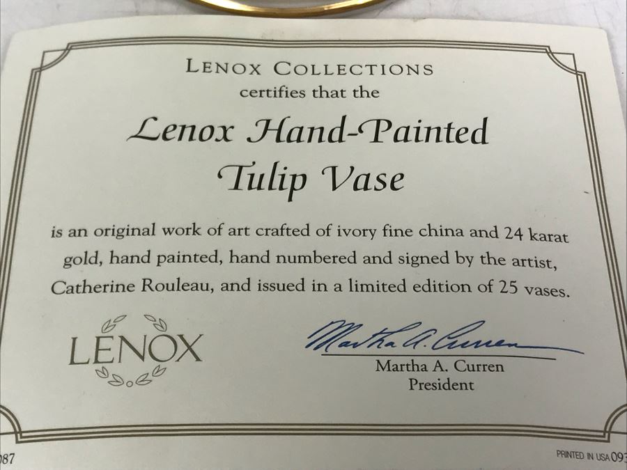Limited Edition Signed Lenox Hand-Painted Tulip Vase With Certificate 24K Gold Painted Rim And Base By Catherine Rouleau 3 Of 25 7.25H [Photo 4]