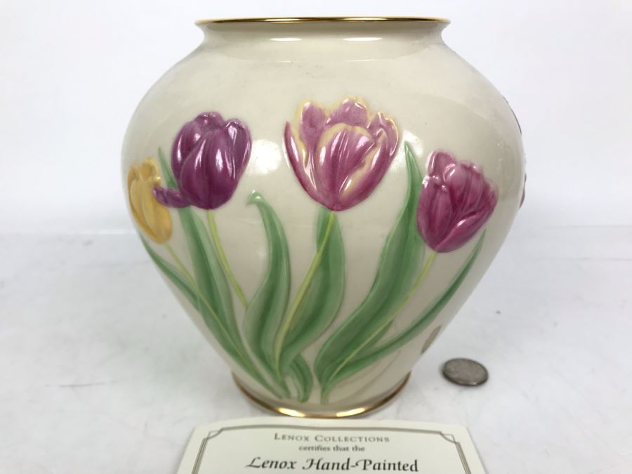Limited Edition Signed Lenox Hand-Painted Tulip Vase With Certificate 24K Gold Painted Rim And Base By Catherine Rouleau 3 Of 25 7.25H [Photo 2]