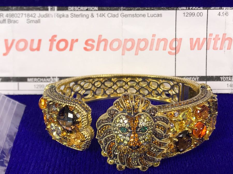 Judith Ripka Sterling And 14K Gold Clad Gemstone Lucas Lion Cuff Bracelet Small Retails $1,299 [Photo 7]