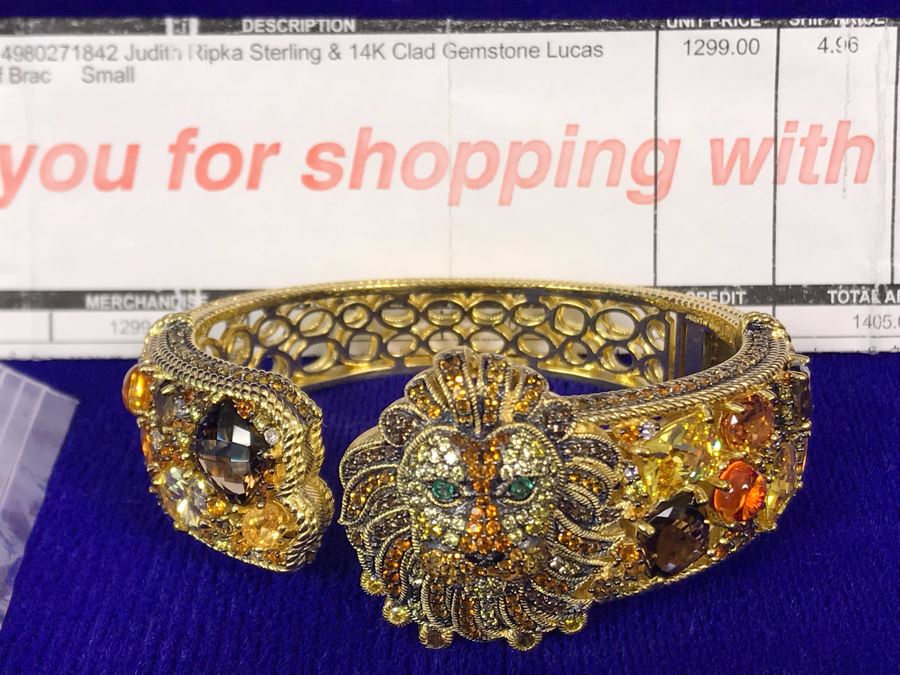 Judith Ripka Sterling And 14K Gold Clad Gemstone Lucas Lion Cuff Bracelet Small Retails $1,299