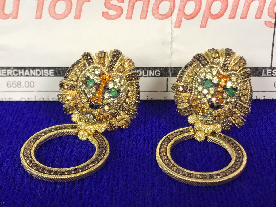 Judith Ripka Sterling And 14K Gold Clad Gemstone Luke Lion Earrings Pierced Retails $658 [Photo 1]