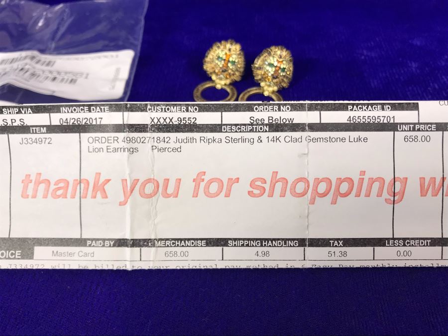 Judith Ripka Sterling And 14K Gold Clad Gemstone Luke Lion Earrings Pierced Retails $658 [Photo 6]