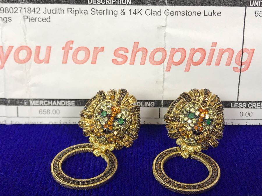 Judith Ripka Sterling And 14K Gold Clad Gemstone Luke Lion Earrings Pierced Retails $658 [Photo 2]