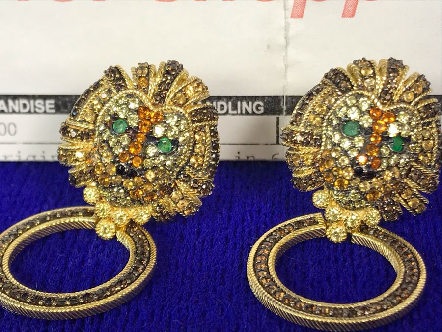 Judith Ripka Sterling And 14K Gold Clad Gemstone Luke Lion Earrings Pierced Retails $658 [Photo 3]