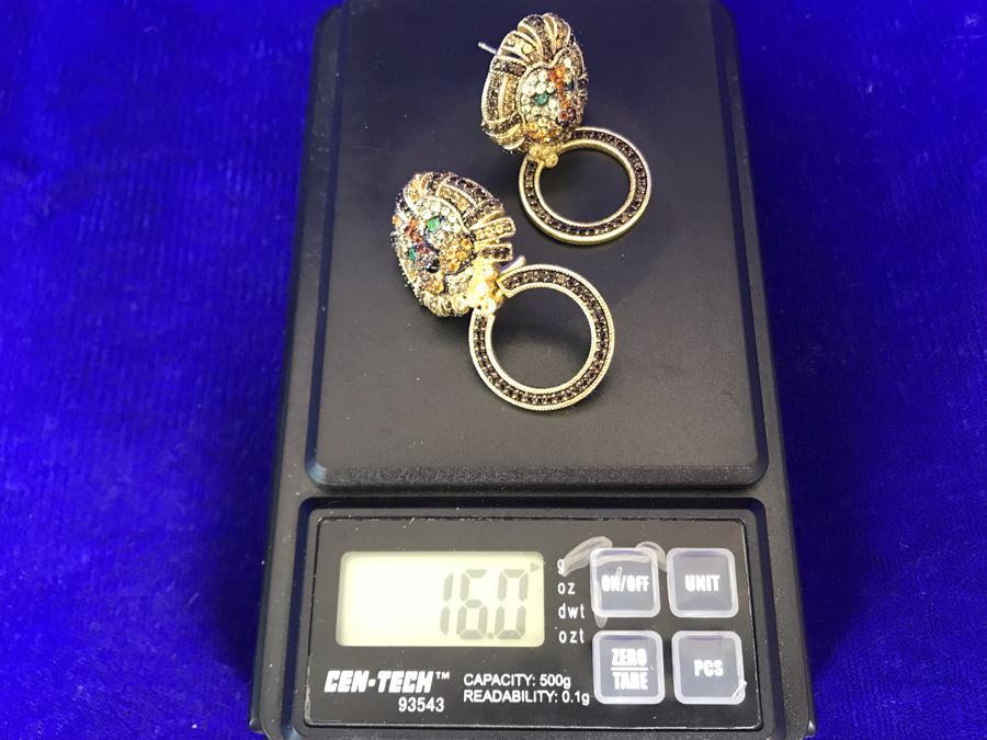 Judith Ripka Sterling And 14K Gold Clad Gemstone Luke Lion Earrings Pierced Retails $658 [Photo 7]