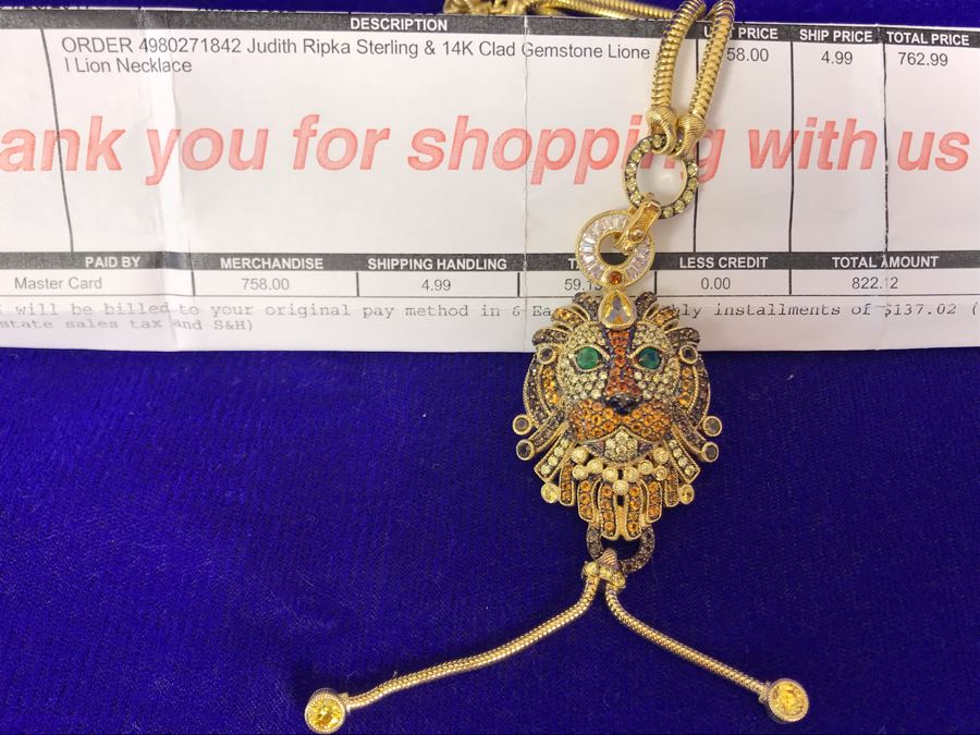 Judith Ripka Sterling And 14K Gold Clad Gemstone Lionel Lion Pendant Necklace Retails $758 [Photo 6]