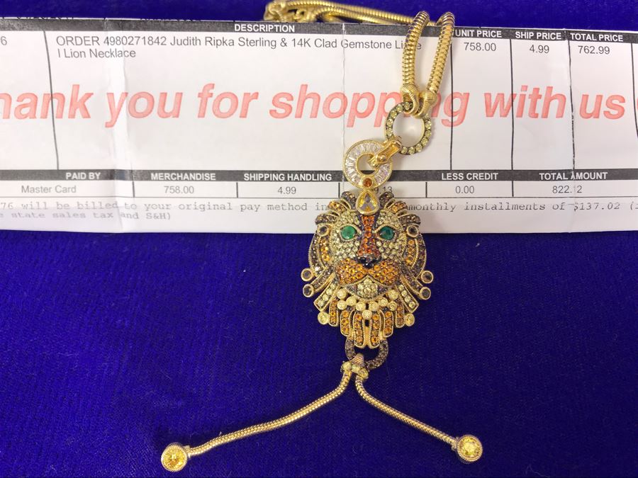 Judith Ripka Sterling And 14K Gold Clad Gemstone Lionel Lion Pendant Necklace Retails $758 [Photo 7]
