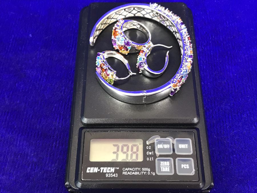 Sterling Silver With Gemstones Jewelry Set With Sterling Silver Bracelet, Matching Ring Size 6.5 And Matching Earrings 39.8g TW [Photo 13]