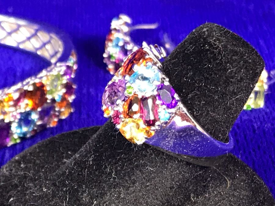 Sterling Silver With Gemstones Jewelry Set With Sterling Silver Bracelet, Matching Ring Size 6.5 And Matching Earrings 39.8g TW [Photo 9]