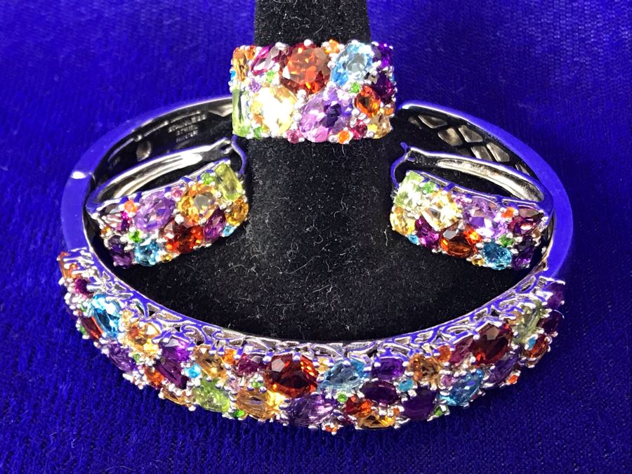 Sterling Silver With Gemstones Jewelry Set With Sterling Silver Bracelet, Matching Ring Size 6.5 And Matching Earrings 39.8g TW [Photo 2]