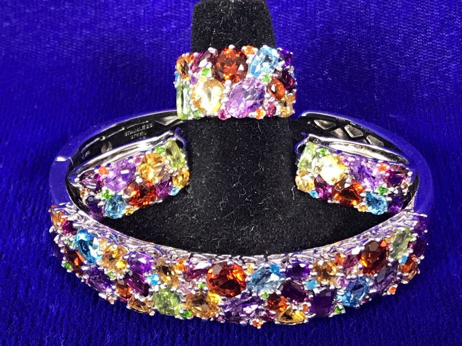 Sterling Silver With Gemstones Jewelry Set With Sterling Silver Bracelet, Matching Ring Size 6.5 And Matching Earrings 39.8g TW [Photo 5]