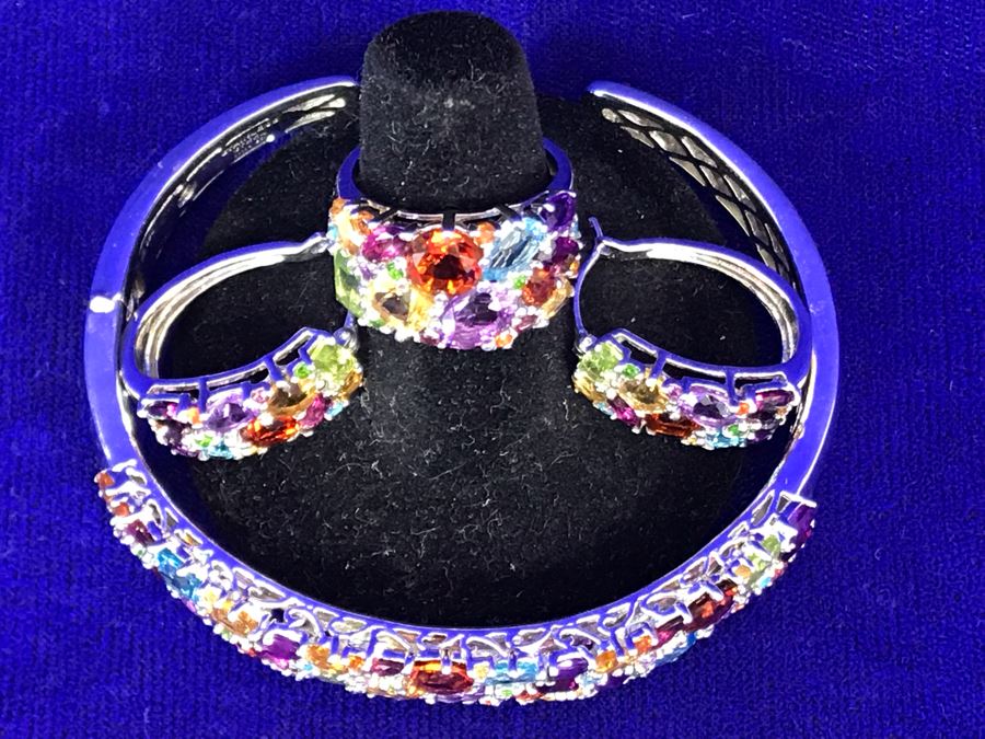 Sterling Silver With Gemstones Jewelry Set With Sterling Silver Bracelet, Matching Ring Size 6.5 And Matching Earrings 39.8g TW [Photo 7]