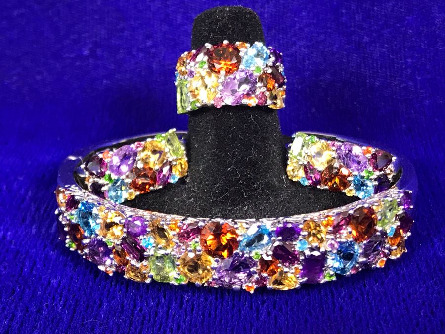 Sterling Silver With Gemstones Jewelry Set With Sterling Silver Bracelet, Matching Ring Size 6.5 And Matching Earrings 39.8g TW [Photo 3]