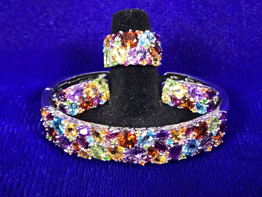 Sterling Silver With Gemstones Jewelry Set With Sterling Silver Bracelet, Matching Ring Size 6.5 And Matching Earrings 39.8g TW [Photo 4]