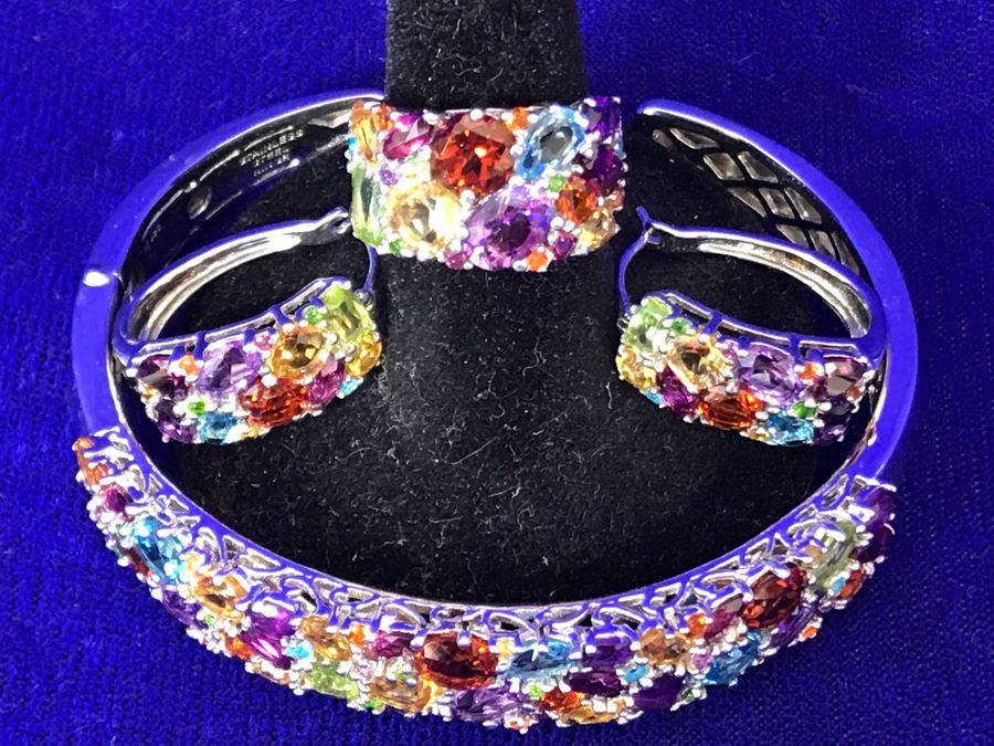 Sterling Silver With Gemstones Jewelry Set With Sterling Silver Bracelet, Matching Ring Size 6.5 And Matching Earrings 39.8g TW [Photo 6]