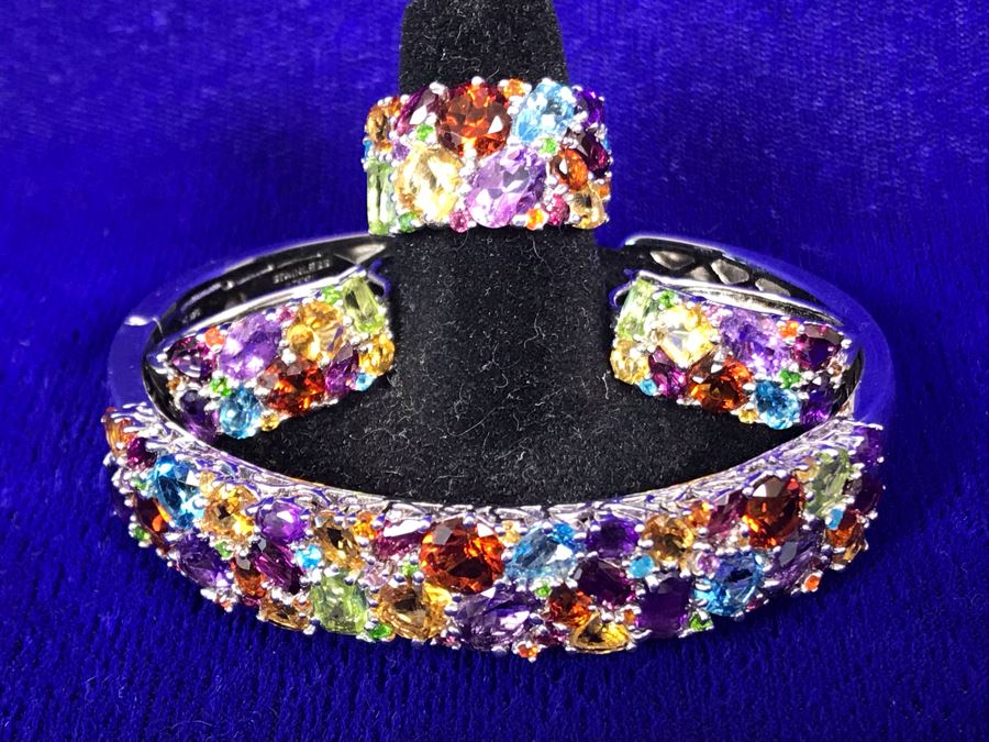 Sterling Silver With Gemstones Jewelry Set With Sterling Silver Bracelet, Matching Ring Size 6.5 And Matching Earrings 39.8g TW [Photo 1]
