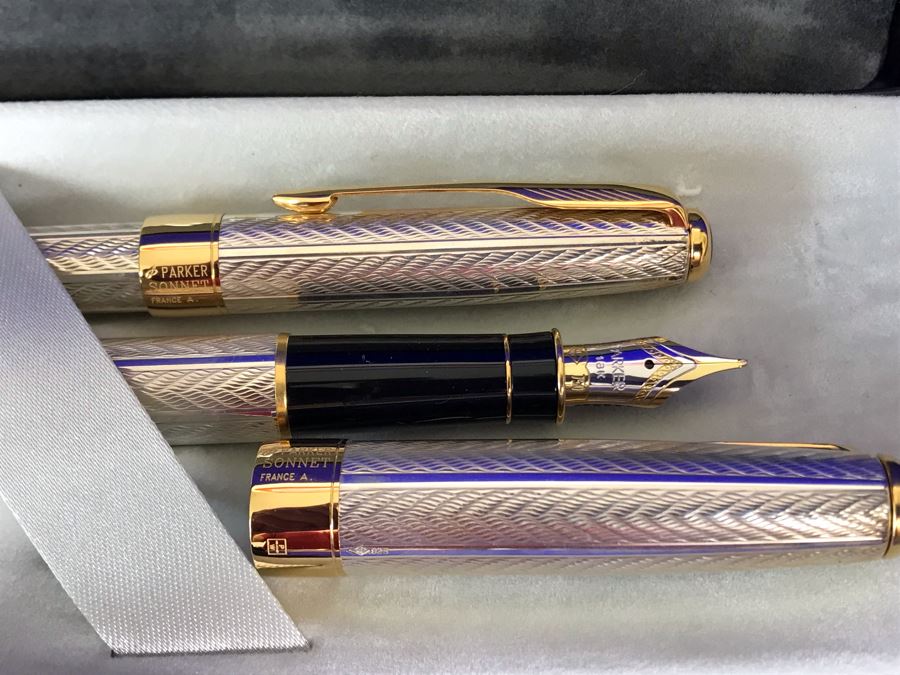 Parker Sonnet France Sterling Silver Pen Set With 18K Gold Tip Fountain Pen And Ball Pen [Photo 3]
