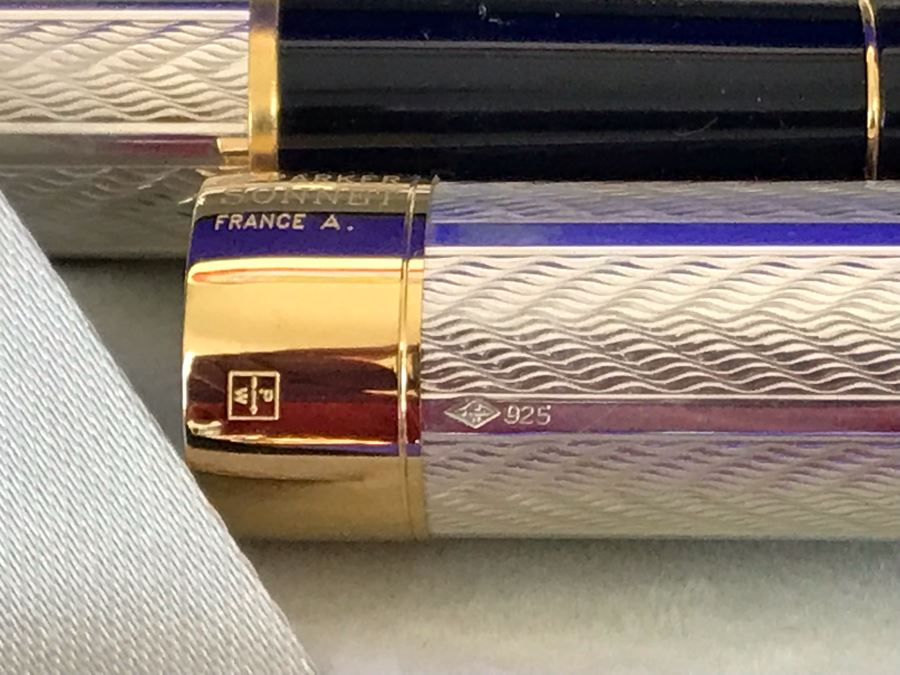Parker Sonnet France Sterling Silver Pen Set With 18K Gold Tip Fountain Pen And Ball Pen [Photo 8]