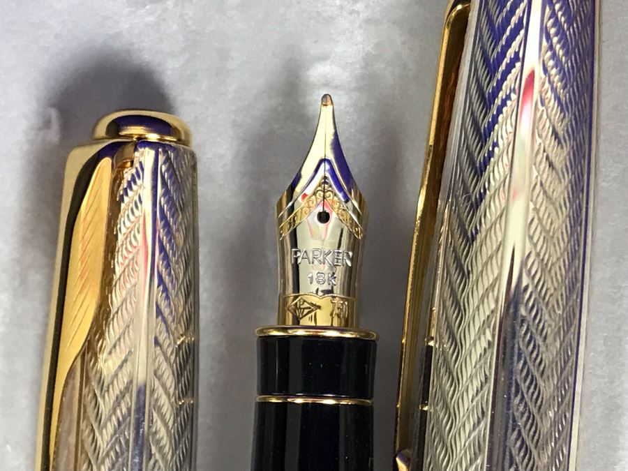 Parker Sonnet France Sterling Silver Pen Set With 18K Gold Tip Fountain Pen And Ball Pen [Photo 9]