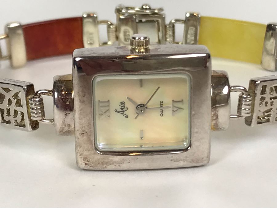 Women's Aria Sterling Silver Case Watch With Colored Jade And Sterling Silver Watch Band 31.8g [Photo 3]