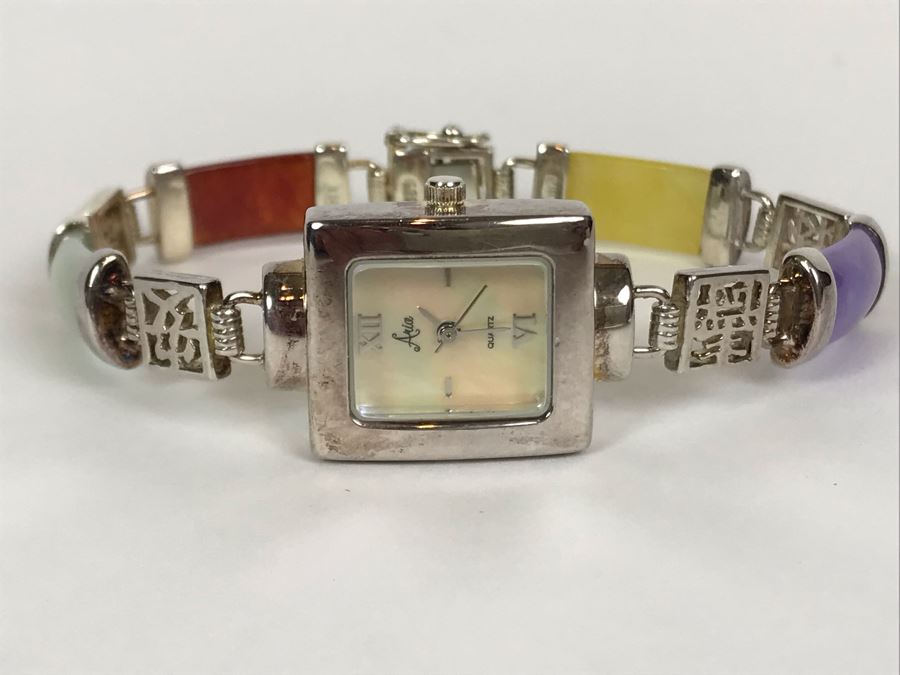 Women's Aria Sterling Silver Case Watch With Colored Jade And Sterling Silver Watch Band 31.8g [Photo 2]