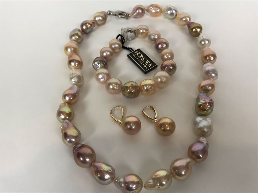 Honora Ming Cultured Pearl Jewelry Set With Necklace, Bracelet And 14K Gold Pearl Earrings [Photo 4]