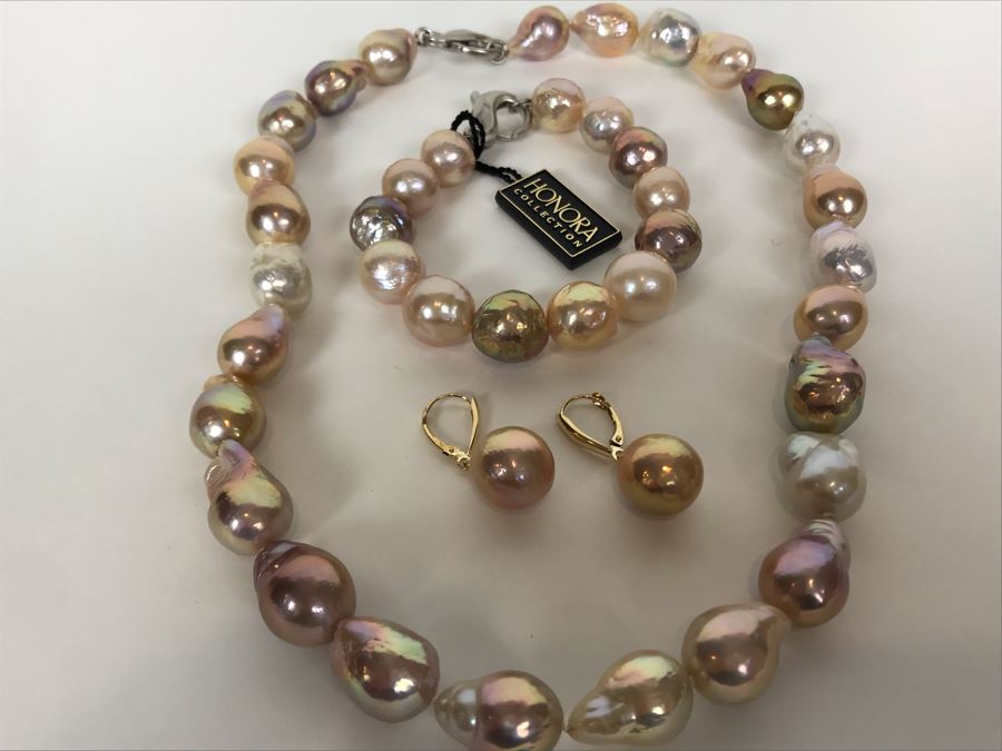 Honora Ming Cultured Pearl Jewelry Set With Necklace, Bracelet And 14K Gold Pearl Earrings [Photo 3]