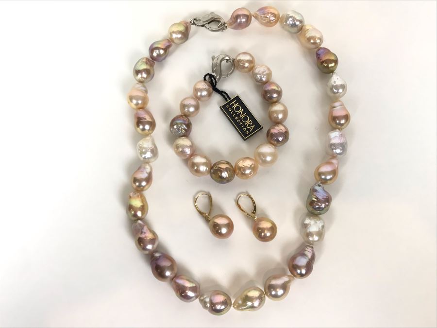 Honora Ming Cultured Pearl Jewelry Set With Necklace, Bracelet And 14K Gold Pearl Earrings