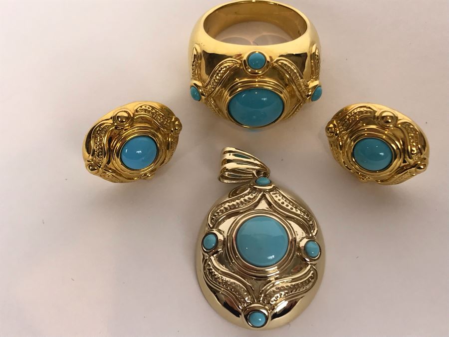 Jewelry Set With 14K FP Gold Silicone Filled Ring Size , Earrings And Pendant 14.1g TW [Photo 1]