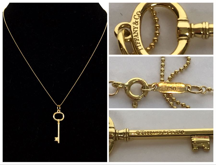 18K Gold Tiffany & Co .750 Key Pendant With 18K Gold Tiffany & Co. Necklace 5.4g Estimate $2,500