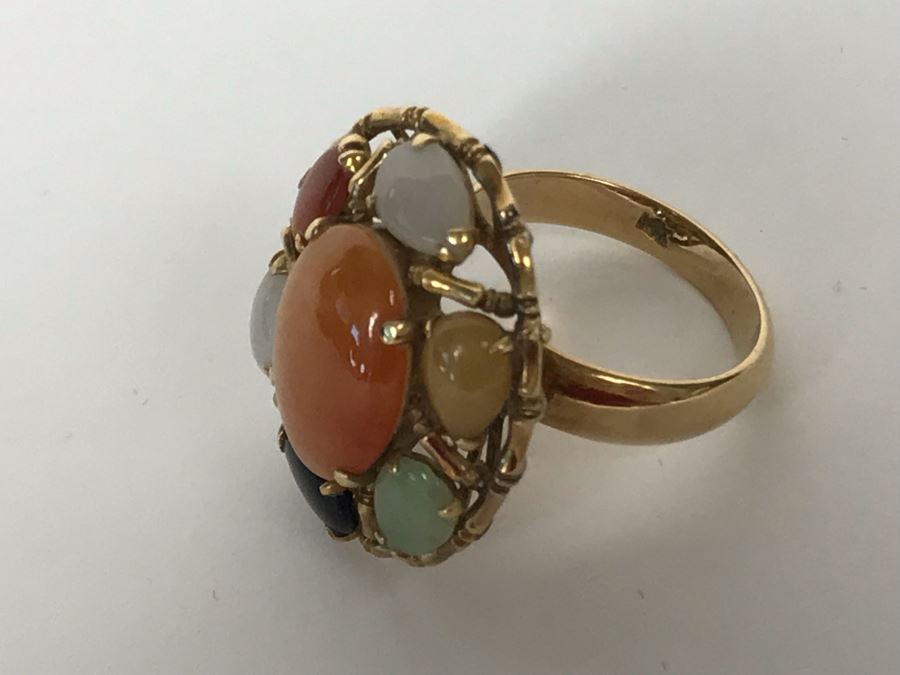 14K Gold Jade Stone Ring Size 7.25 8.5g [Photo 13]