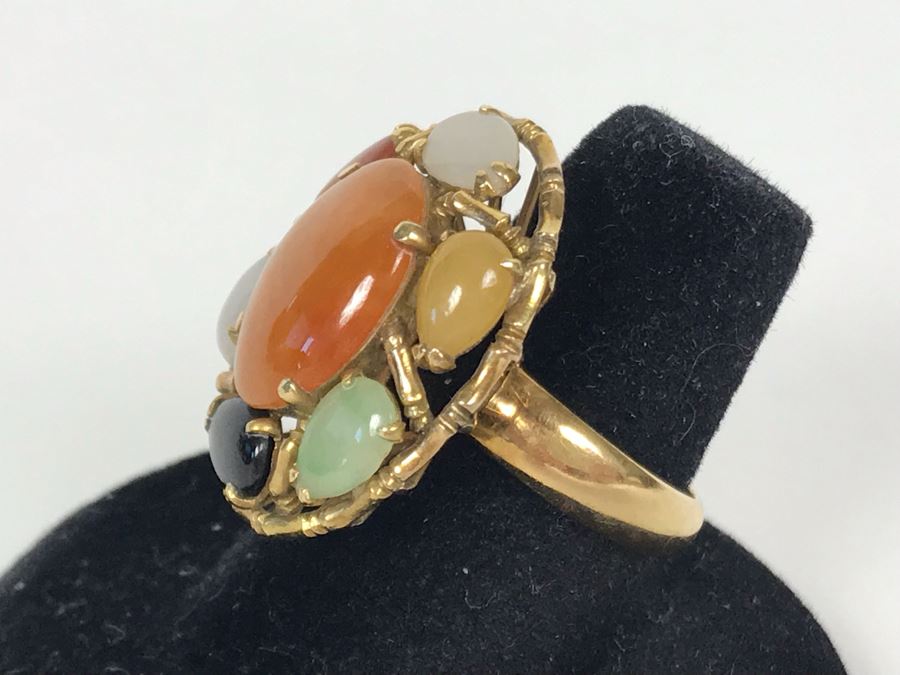 14K Gold Jade Stone Ring Size 7.25 8.5g [Photo 5]