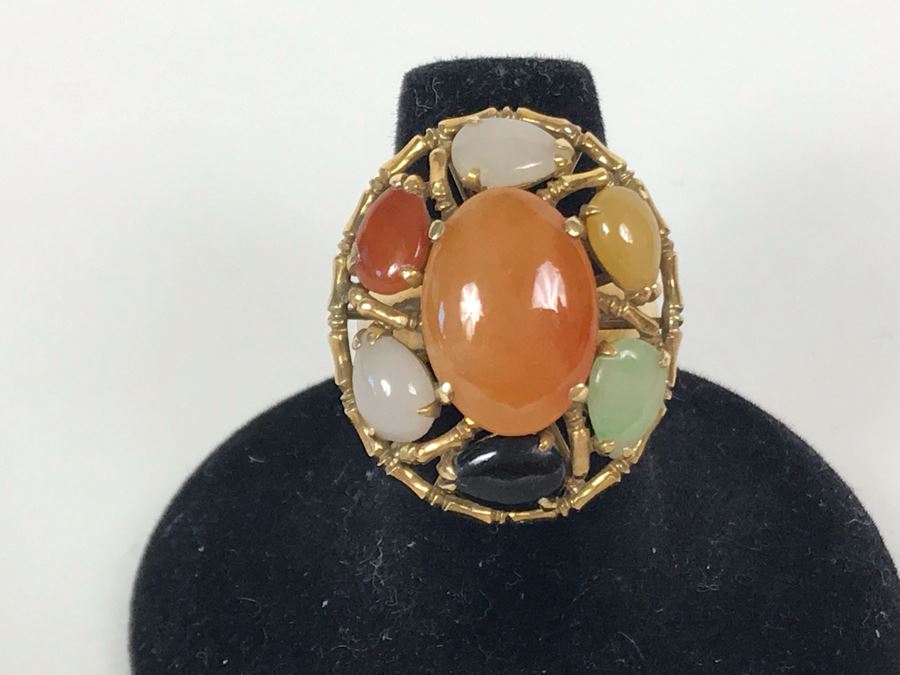 14K Gold Jade Stone Ring Size 7.25 8.5g [Photo 1]