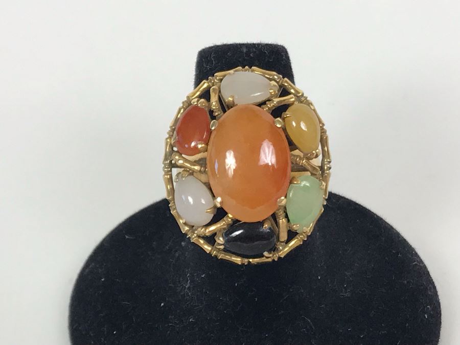 14K Gold Jade Stone Ring Size 7.25 8.5g [Photo 2]