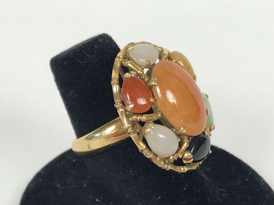 14K Gold Jade Stone Ring Size 7.25 8.5g [Photo 3]
