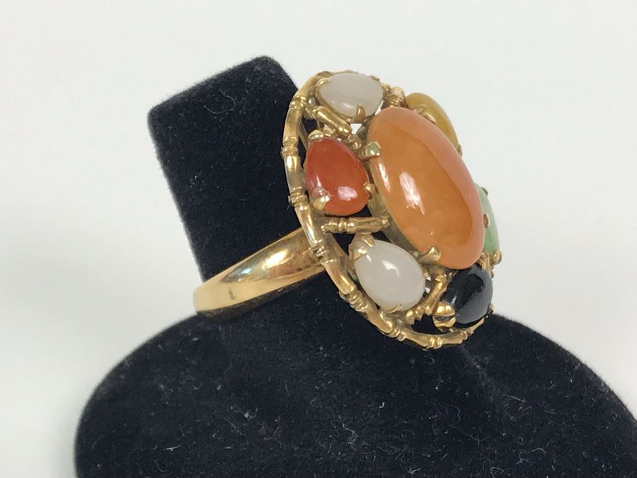 14K Gold Jade Stone Ring Size 7.25 8.5g [Photo 4]