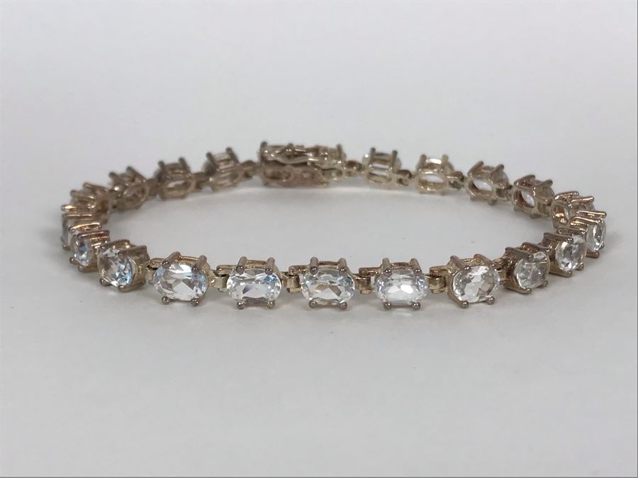Sterling Silver Thai ALX White Topaz Oval Link Tennis Bracelet 18.5g [Photo 3]